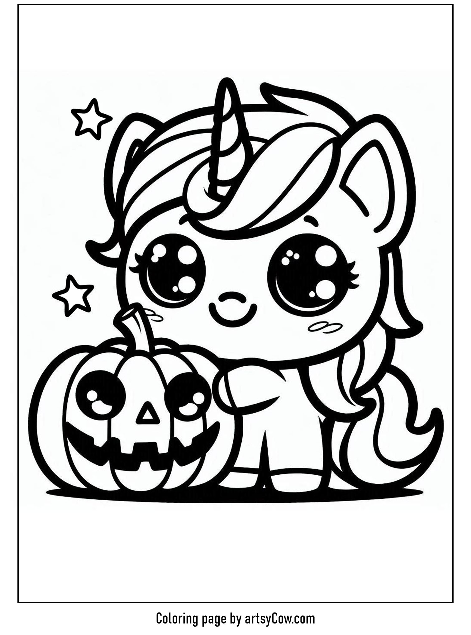 Halloween coloring pages with unicorn 2 featuring a cute unicorn standing beside a smiling jack-o-lantern decorated with stars.